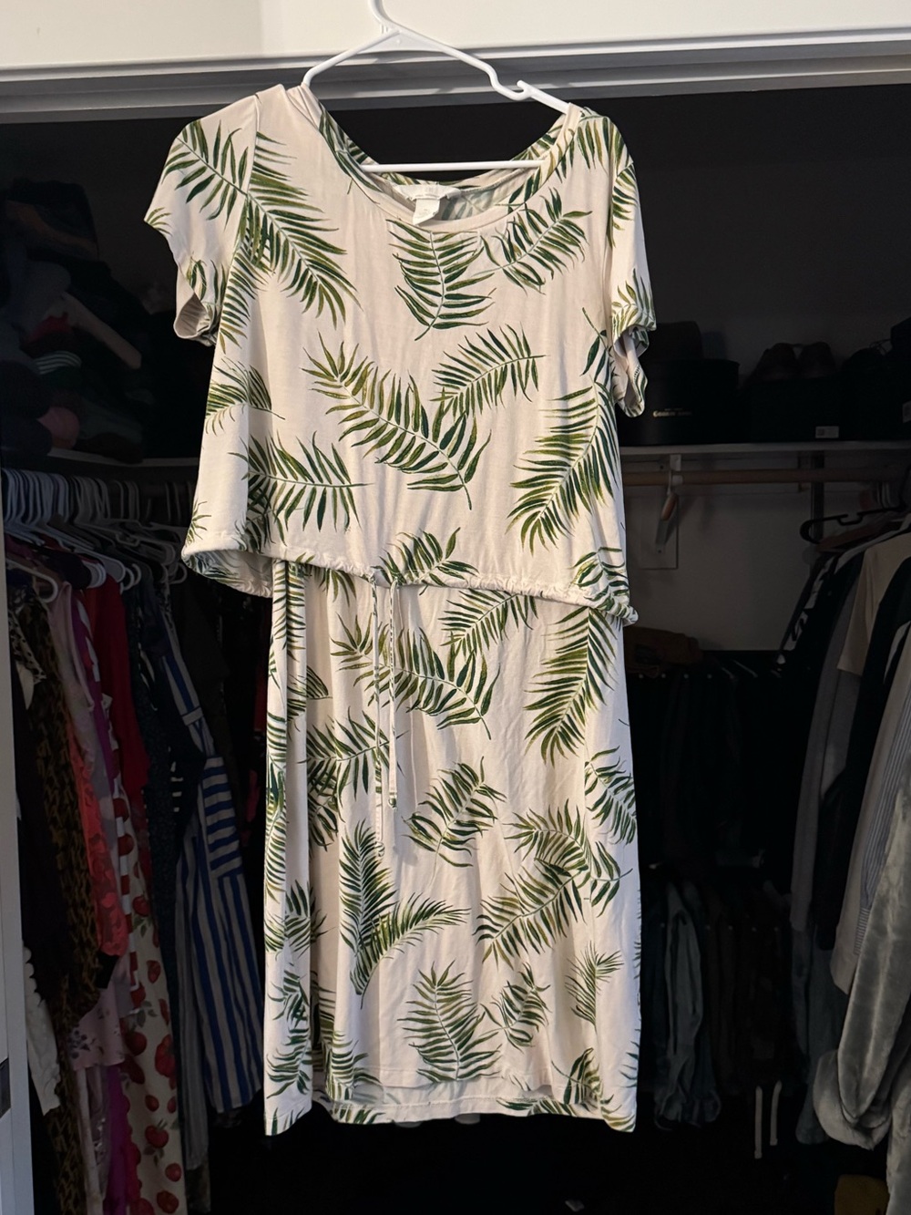 H&M Cream Midi Dress with Green Palm Leaves